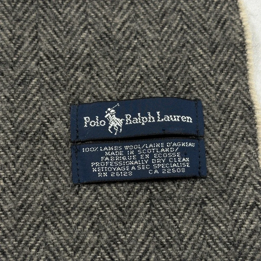 Polo Ralph Lauren Scarf Mens OS Grey Herringbone Lambswool Tassel Fringe EUC